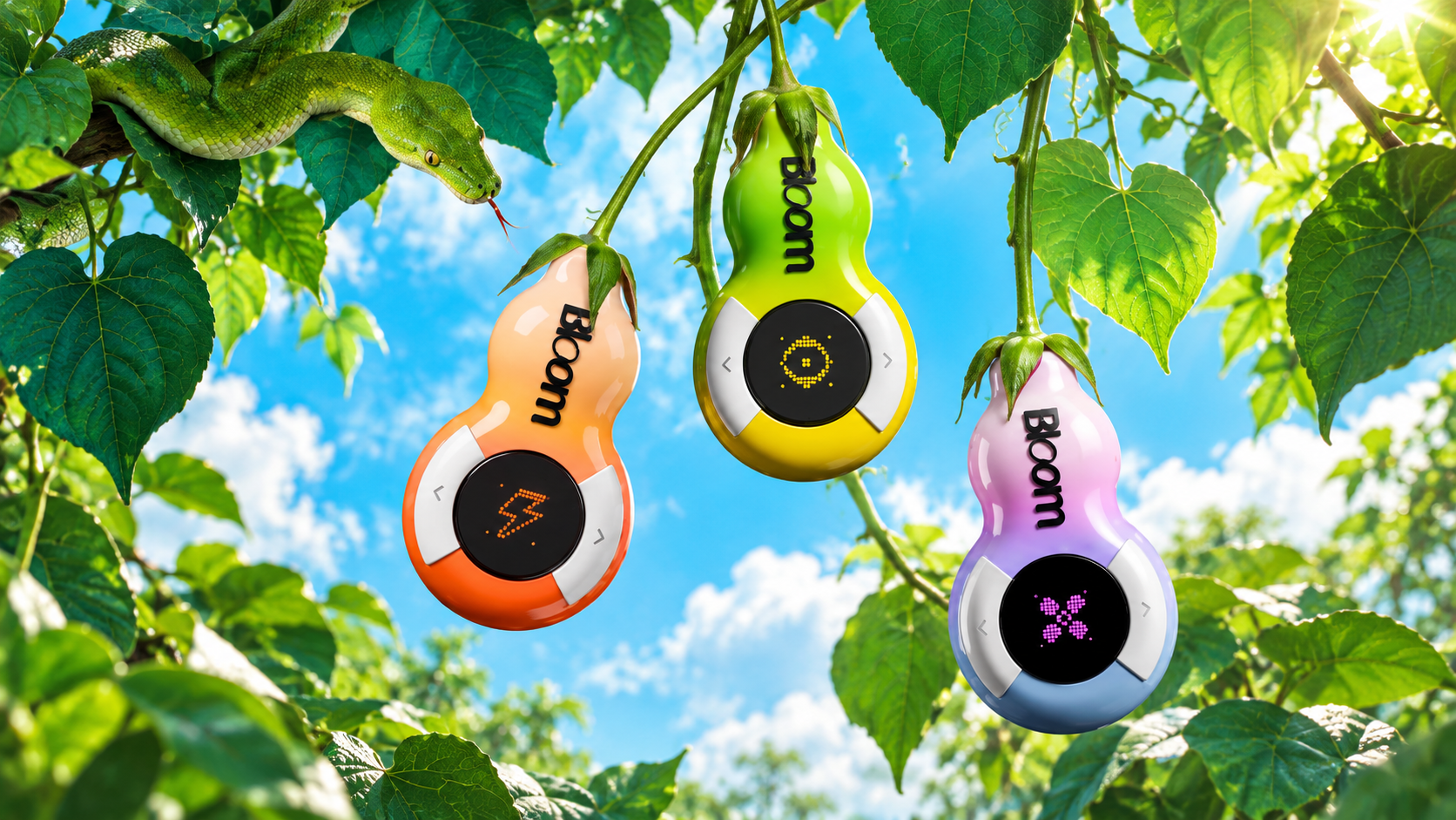 Three Bloom devices hanging like fruit from a vine