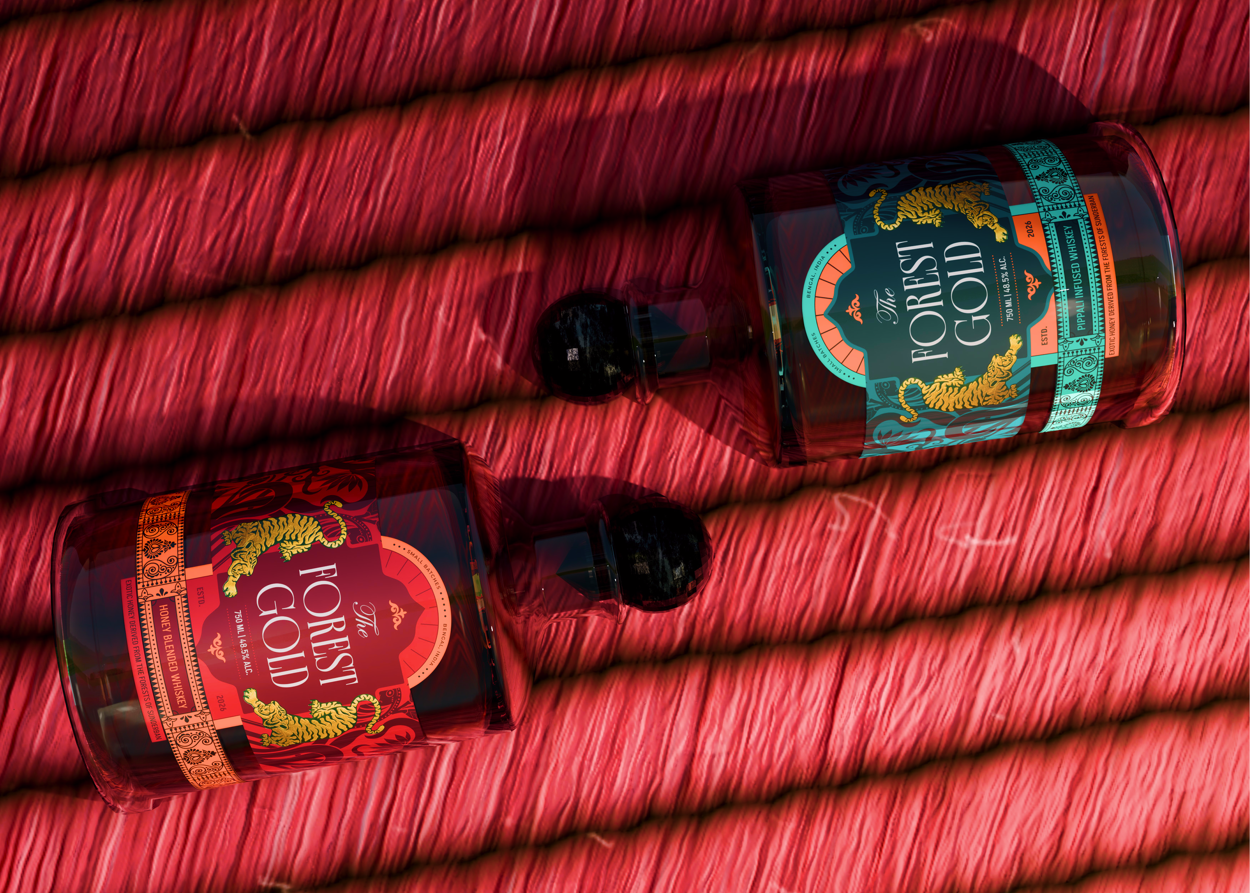 Red honey and teal Pippali Forest Gold bottles lying on a red woven mat