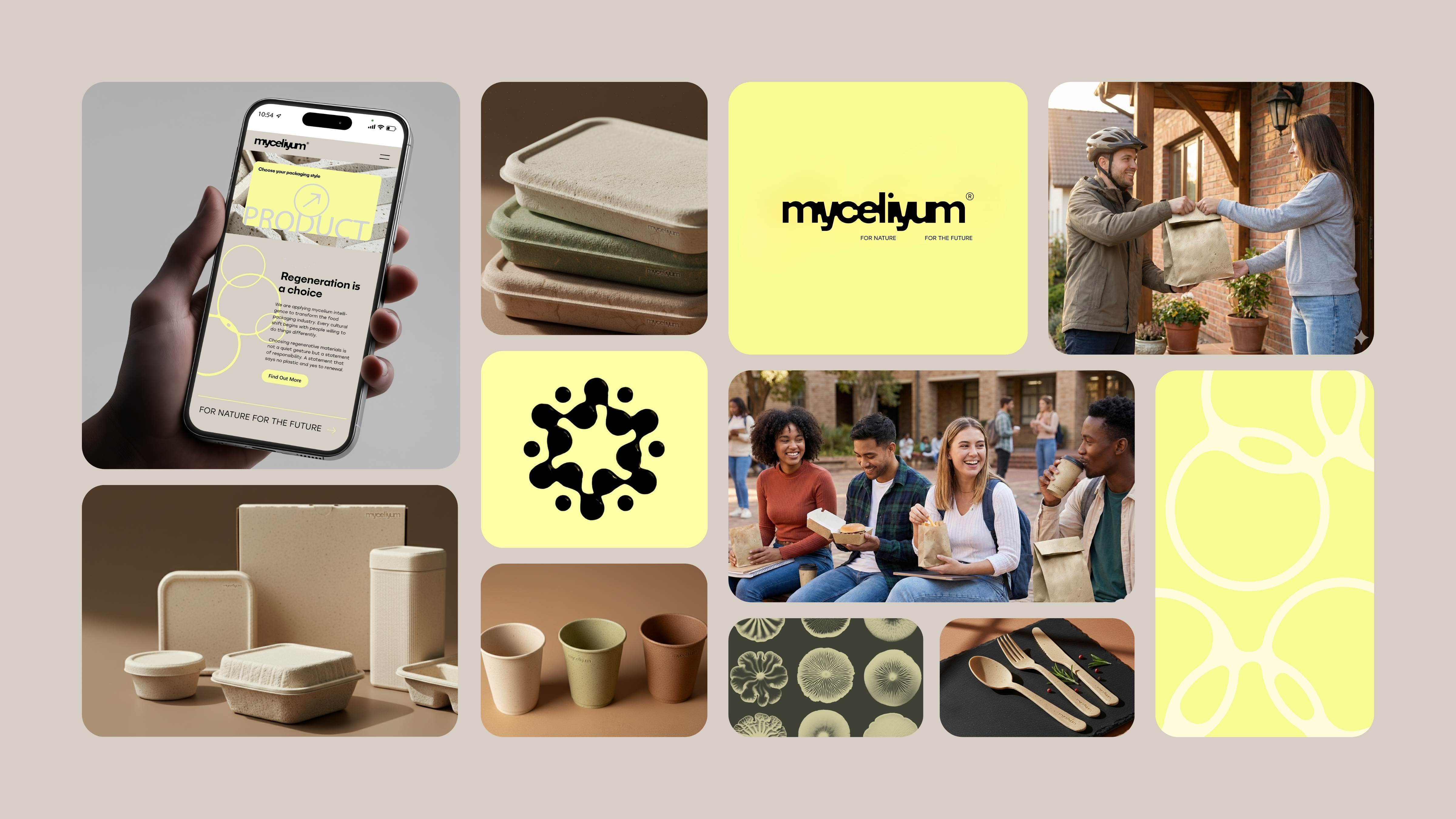 Mycelium brand world: app, packaging, logo, delivery and lifestyle