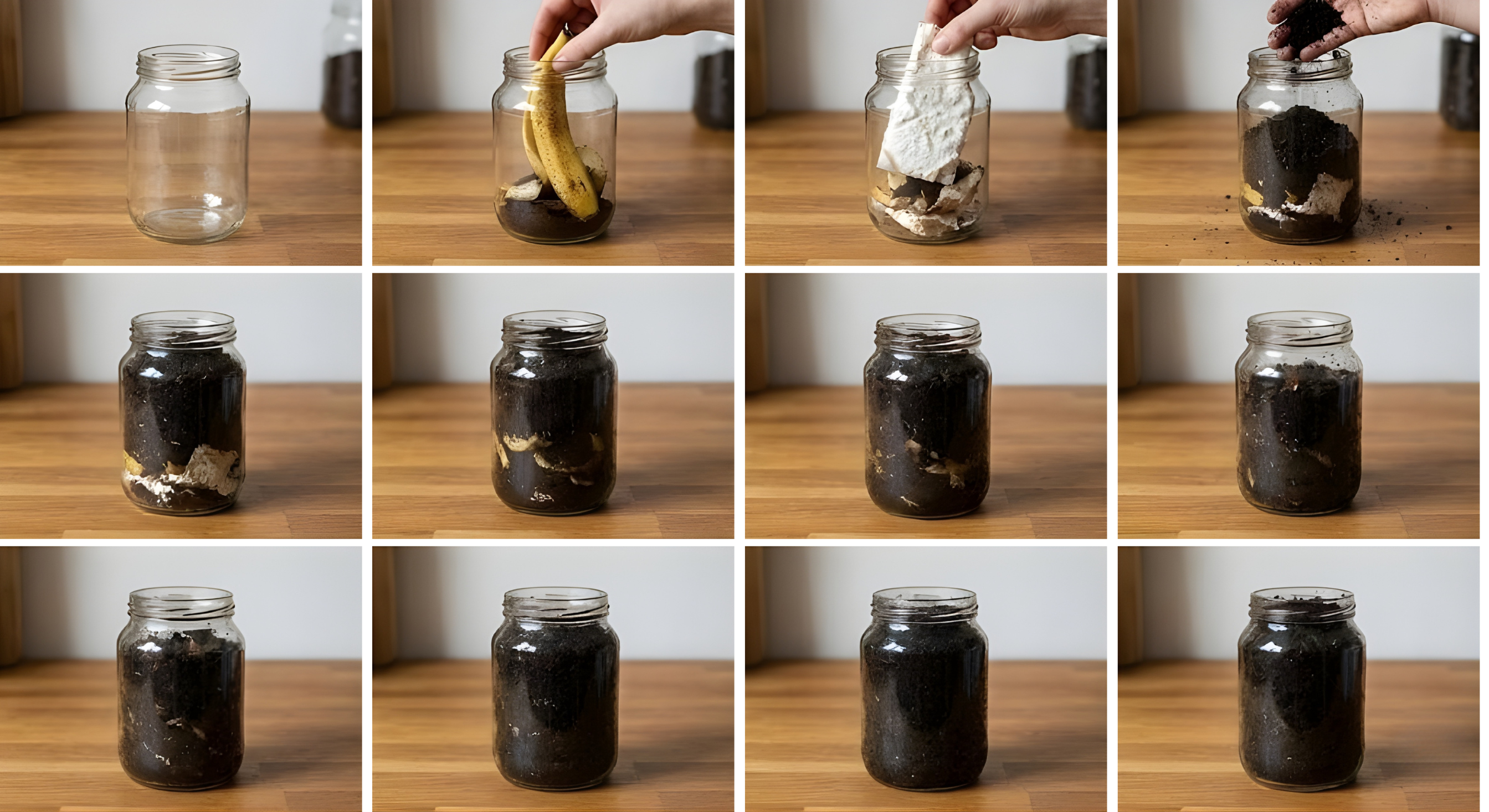 Home compost test: the pack breaking down in a jar over twelve stages